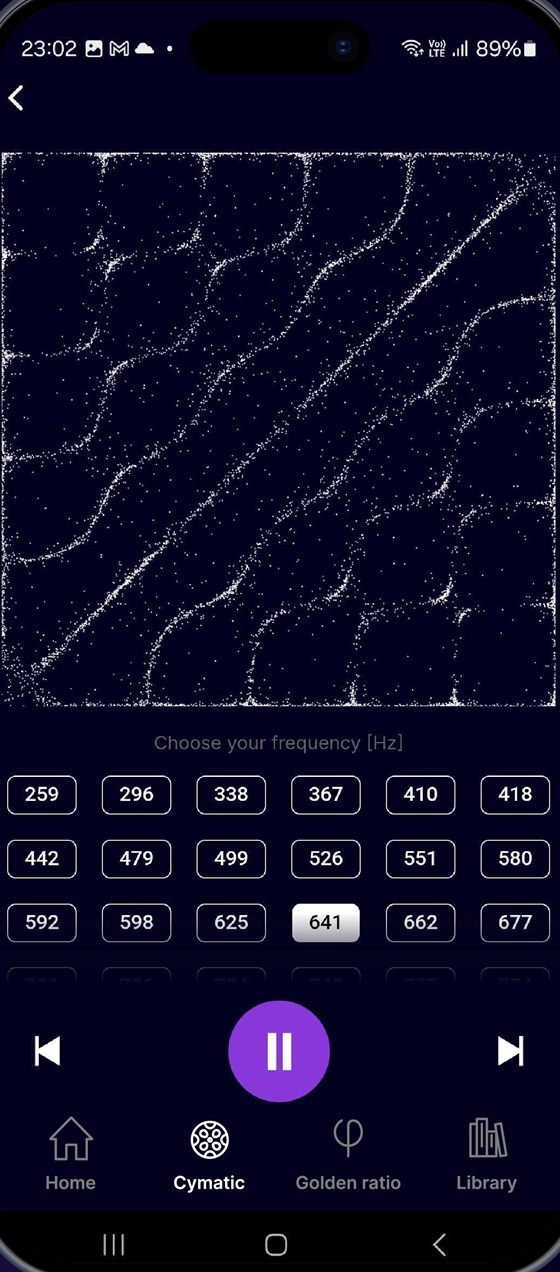 Cymatics screen showing a sand pattern above frequency buttons from 259 to 677 Hz