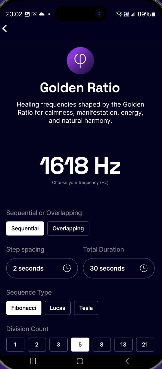 Golden Ratio screen at 1618 Hz with Fibonacci, Lucas and Tesla sequence types