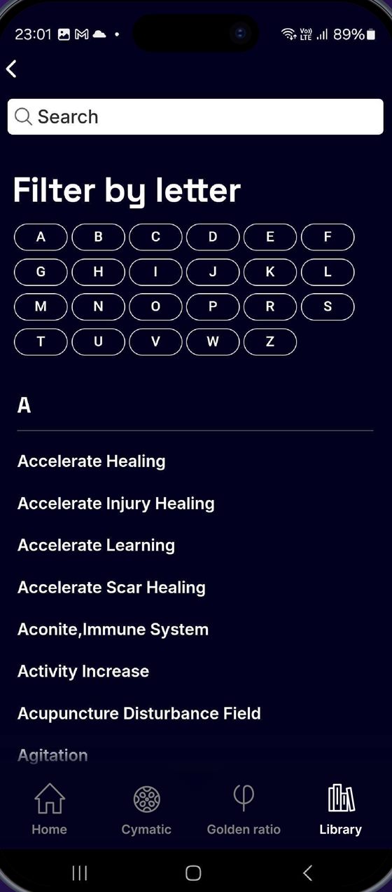Library screen with search and an A to Z filter of wellbeing frequencies