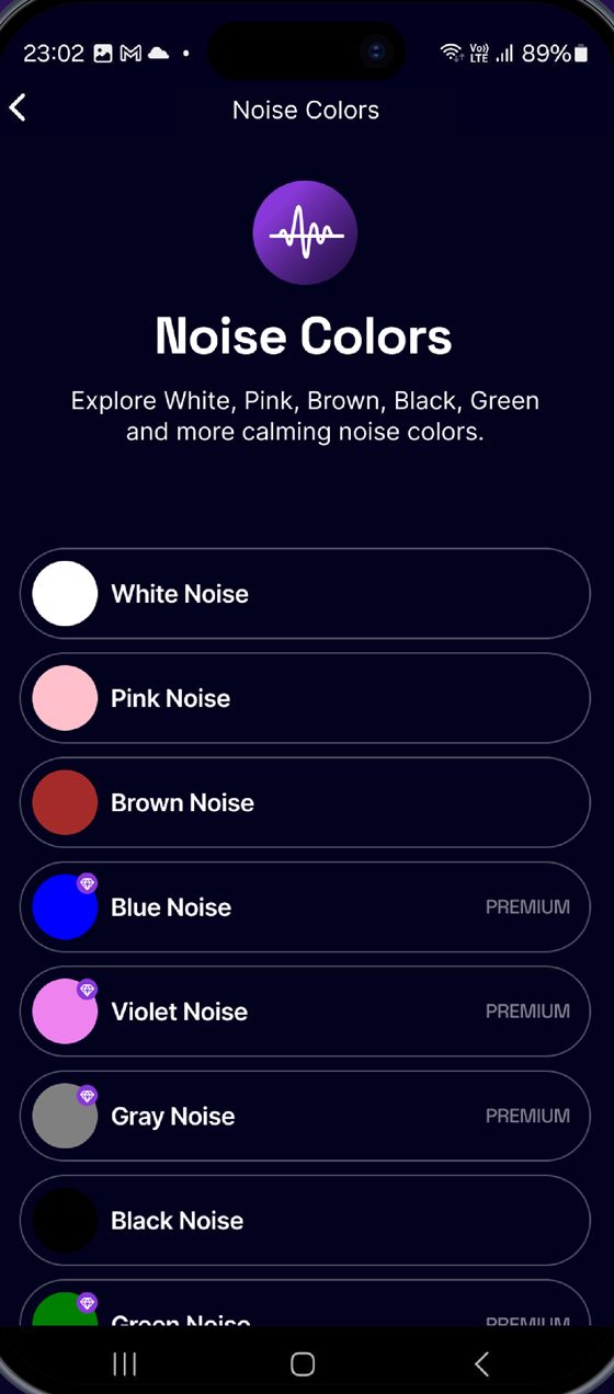Noise Colors list with white, pink, brown, blue, violet, gray and black noise